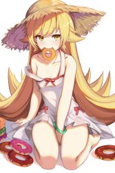 Rule 34 | 1girl, bad id, bad pixiv id, barefoot, blonde hair, collarbone, commentary request, doughnut, dress, food, hat, highres, kyuu (chiu850513), long hair, looking at viewer, monogatari (series), mouth hold, nisemonogatari, off-shoulder dress, off shoulder, oshino shinobu, simple background, sitting, solo, straw hat, thighs, wariza, white background, white dress, yellow eyes