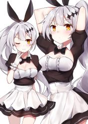 Rule 34 | 1girl, apron, arms behind head, arms up, bada (jksh5056), black bow, blush, bow, breasts, closed mouth, cowboy shot, five-seven (girls&#039; frontline), girls&#039; frontline, grey hair, hair bow, highres, long hair, maid, medium breasts, multiple views, ponytail, short sleeves, simple background, smile, tsurime, v, very long hair, waist apron, wavy hair, white background, yellow eyes