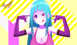 Rule 34 | &gt; o, 1girl, ;q, bare shoulders, blue hair, breasts, cleavage, elbow gloves, gloves, highres, long hair, me!me!me!, meme (me!me!me!), one eye closed, purple eyes, seireiart, tongue, tongue out, wallpaper, wink