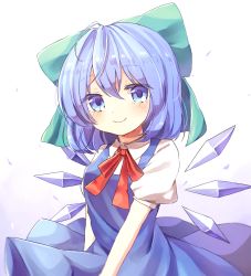 Rule 34 | 1girl, ahoge, blue dress, blue eyes, blue hair, blush, bow, breasts, cirno, closed mouth, collared shirt, commentary request, dress, eyes visible through hair, gradient background, green bow, hair bow, highres, ice, ice wings, looking at viewer, neck ribbon, petals, pudding (skymint 028), puffy short sleeves, puffy sleeves, red ribbon, ribbon, shirt, short hair, short sleeves, simple background, small breasts, smile, solo, touhou, upper body, white background, white shirt, wings