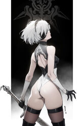 Rule 34 | 1girl, 2b (nier:automata), ass, black blindfold, black thighhighs, blindfold, boots, breasts, closed mouth, cowboy shot, elbow gloves, from behind, gloves, gradient background, headband, highleg, highleg leotard, highres, holding, holding sword, holding weapon, leotard, looking back, nier:automata, nier (series), profile, revision, short hair, siino, simple background, small breasts, solo, sword, thigh boots, thighhighs, thighhighs under boots, twitter username, two-tone gloves, two-tone leotard, weapon, white hair