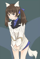 Rule 34 | 1girl, animal ears, black eyes, blush, brown hair, dog ears, dog tail, embarrassed, georgette lemare, short twintails, sketch, solo, strike witches, tail, twintails, uniform, uno ichi, wavy mouth, world witches series