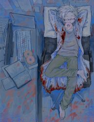 Rule 34 | 1boy, absurdres, arms behind back, barefoot, blood, blood on clothes, blood on feet, blood on ground, closed eyes, commentary, doughnut, food, food in mouth, glasses, green pants, grey shirt, highres, jiaojiao290, kanou aogu, lab coat, long sleeves, lying, male focus, on back, open clothes, pants, saibou shinkyoku, semi-rimless eyewear, shirt, solo, symbol-only commentary, torn clothes, white hair