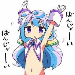 Rule 34 | 10s, 1boy, armpits, arms up, blue hair, commentary request, gloves, hacka doll, hacka doll 3, kanikama, long hair, looking at viewer, male focus, purple eyes, simple background, solo, translation request, trap, white background, white gloves