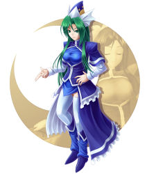 Rule 34 | 1girl, alternate costume, boots, crescent, crescent moon, female focus, full body, green eyes, green hair, hand on own hip, hat, koto tsubane, leg warmers, long hair, matching hair/eyes, mima (touhou), moon, solo, sun symbol, thighhighs, touhou, touhou (pc-98), white thighhighs
