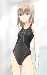Rule 34 | 10s, 1girl, bad id, bad pixiv id, blue eyes, breasts, collarbone, competition swimsuit, cowboy shot, expressionless, female focus, frown, girls und panzer, grey hair, hair between eyes, highres, itsumi erika, medium hair, one-piece swimsuit, small breasts, solo, standing, swimsuit, takafumi