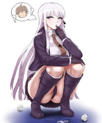 Rule 34 | 1boy, 1girl, ?, akisora, ass, black gloves, black panties, black ribbon, blunt bangs, boots, braid, breasts, brown hair, brown neckwear, cameltoe, collared shirt, commentary request, cum, cum on body, cum on clothes, cum on upper body, danganronpa: trigger happy havoc, danganronpa (series), facing viewer, female pubic hair, finger in own mouth, full body, gloves, hair ornament, hair ribbon, high heels, highres, jacket, kirigiri kyoko, knee boots, large breasts, layered sleeves, long hair, long sleeves, naegi makoto, necktie, o o, open clothes, open jacket, panties, pubic hair, purple eyes, purple footwear, purple jacket, purple skirt, pussy, pussy peek, ribbon, shirt, short hair, silver hair, single braid, skirt, solo focus, squatting, thighs, thought bubble, underwear, used tissue, white background, white shirt, wing collar