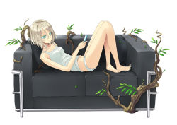 Rule 34 | 1girl, bare legs, barefoot, blonde hair, camisole, cellphone, colored eyelashes, couch, expressionless, green eyes, lowleg, lowleg panties, lying, nabeshima tetsuhiro, navel, on back, original, panties, phone, short hair, simple background, solo, underwear, underwear only