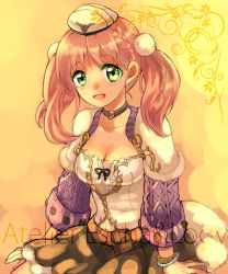 Rule 34 | 10s, 1girl, :d, arm support, atelier (series), atelier escha &amp; logy, bad id, bad pixiv id, black skirt, blush, bracelet, braid, breasts, choker, cleavage, collarbone, copyright name, corset, escha malier, female focus, french braid, green eyes, hat, jewelry, kanaso529, looking at viewer, neck, necklace, open mouth, orange background, pink hair, ribbon, short hair, sitting, skirt, smile, solo, strapless, twintails