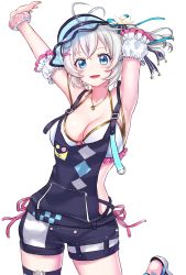Rule 34 | .live, 1girl, antenna hair, armpits, arms up, bikini, bikini under clothes, blue eyes, blush, breasts, flower, frilled bikini, frills, halterneck, highres, jewelry, large breasts, looking at viewer, necklace, non (nonzile), official alternate costume, open mouth, overall shorts, overalls, sandals, short hair, side-tie bikini bottom, simple background, dennou shoujo siro, smile, solo, swimsuit, thigh strap, virtual youtuber, visor cap, white background, white bikini, white flower, white hair