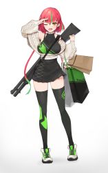 Rule 34 | 1girl, absurdres, artist request, bag, breasts, green hair, gun, highres, large breasts, long hair, multicolored hair, one eye closed, original, pump action, red hair, remington 870, shoes, shopping bag, shotgun, skirt, solo, streaked hair, sweater, thighhighs, two-tone hair, weapon