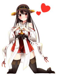 Rule 34 | 10s, 1girl, bare shoulders, black hair, black socks, black thighhighs, blush, boots, brown hair, detached sleeves, hairband, haruna (kancolle), headgear, heart, heart hands, heat, highres, kantai collection, khnchak, kneehighs, long hair, looking at viewer, nontraditional miko, red eyes, red skirt, simple background, skirt, smile, socks, solo, thigh boots, thighhighs, white background