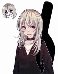 Rule 34 | 1girl, absurdres, asymmetrical hair, black choker, black sweater, chibi, chibi inset, choker, commentary, double middle finger, fang, girls band cry, grey eyes, grey hair, highres, instrument case, instrument on back, kawaragi momoka, long hair, middle finger, open mouth, royyy999, shirt, simple background, skin fang, sweater, tongue, tongue out, upper body, white background, white shirt
