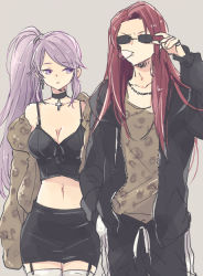 Rule 34 | 1boy, 1girl, alternate costume, bare shoulders, black choker, black jacket, black pants, black skirt, breasts, blowing bubbles, camisole, casual, choker, cleavage, contemporary, couple, cowboy shot, crop top, cross, cross choker, fire emblem, fire emblem: genealogy of the holy war, forehead, garter straps, grey background, grey jacket, grey shirt, hand up, ishtar (fire emblem), jacket, julius (fire emblem), large breasts, long hair, long sleeves, looking at another, midriff, miniskirt, navel, nintendo, off shoulder, open clothes, open jacket, pants, pencil skirt, purple eyes, purple hair, red hair, shirt, side ponytail, sidelocks, simple background, skirt, skirt set, spaghetti strap, standing, stomach, sunglasses, swept bangs, tenjin (ahan), thighhighs, very long hair, white thighhighs, zettai ryouiki