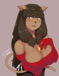 Rule 34 | 1girl, animal ears, arm under breasts, blunt bangs, breasts, brown hair, cat ears, cat girl, cat nose, cat tail, cleavage, commentary request, dated, ecaflip, elbow gloves, freckles, furry, furry female, gem, gloves, hair tie, hand on own chest, large breasts, long hair, looking at viewer, miranda (wakfu), object on breast, ponytail, red gloves, red shirt, shirt, signature, simple background, solo, tail, tsukudani (coke-buta), wakfu