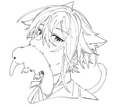 Rule 34 | 1boy, animal ear fluff, animal ears, cat ears, cat tail, greyscale, highres, hoshi-toge, kamishiro rui, male focus, monochrome, mouth hold, neck ribbon, platypus, portrait, project sekai, ribbon, short hair, sidelocks, simple background, solo, tail