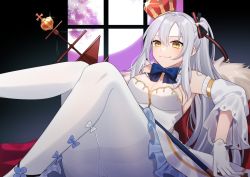 Rule 34 | 1girl, absurdres, alternate costume, azur lane, bow, bowtie, breasts, commission, cosplay, drake (azur lane), highres, large breasts, looking at viewer, md5 mismatch, pantyhose, queen, queen elizabeth (azur lane), queen elizabeth (azur lane) (cosplay), queen elizabeth (the queen&#039;s ball) (azur lane), resolution mismatch, skeb commission, smug, source smaller, tebamaru, thighhighs, thighs, white pantyhose, yellow eyes