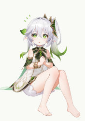 Rule 34 | 1girl, absurdres, ass, barefoot, bloomers, bracelet, capelet, commentary request, detached sleeves, dress, genshin impact, gradient hair, green eyes, hair between eyes, hair ornament, highres, jewelry, long hair, looking at viewer, multicolored hair, nahida (genshin impact), negi3, parted lips, pointy ears, short sleeves, side ponytail, sidelocks, simple background, sitting, solo, symbol-shaped pupils, underwear, white background, white dress, white hair