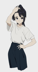 Rule 34 | 1girl, arm up, asymmetrical bangs, black hair, black pants, blue eyes, closed mouth, commentary request, copyright request, cropped legs, hand on own hip, highres, kamo kamen, looking at viewer, pants, ponytail, shirt, short sleeves, simple background, solo, white background, white shirt