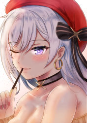 Rule 34 | 1girl, akuakuran, aran sweater, azur lane, bare shoulders, belfast (azur lane), belfast (shopping with the head maid) (azur lane), beret, black choker, breasts, brown sweater, cable knit, choker, cleavage, earrings, food, hat, heart, heart-shaped pupils, holding, holding food, holding pocky, hoop earrings, jewelry, large breasts, long hair, nail polish, off-shoulder sweater, off shoulder, official alternate costume, one eye closed, pocky, red hat, red nails, simple background, solo, sweater, symbol-shaped pupils, white background, white hair