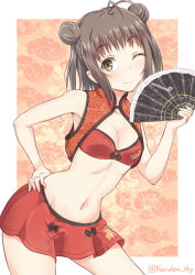 Rule 34 | 10s, 1girl, antenna hair, bra, brown eyes, brown hair, contrapposto, double bun, folding fan, hair bun, hand fan, hand on own hip, kanden sky, kantai collection, naka (kancolle), navel, one eye closed, open clothes, open vest, red bra, skirt, smile, solo, standing, underwear, vest