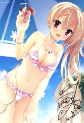 Rule 34 | 1girl, :d, absurdres, alternate hairstyle, amairo islenauts, beach, beach umbrella, bikini, blonde hair, blush, bracelet, breasts, cleavage, drink, flower, frilled bikini, frills, from below, front-tie top, hand on own thigh, hand on thigh, highres, jewelry, kobuichi, leaning forward, long hair, looking at viewer, navel, necklace, open mouth, parasol, pink bikini, red eyes, shirley warwick, side ponytail, signature, smile, solo, strap gap, swimsuit, thigh gap, umbrella, very long hair