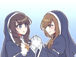 Rule 34 | 2girls, akamirai, assault lily, blue background, blue dress, blue eyes, blush, brown eyes, brown hair, closed mouth, commentary request, cross, cross necklace, dress, drill hair, from side, gloves, gradient background, habit, hair between eyes, hands up, holding hands, izumi rosa rina, jewelry, kosaka anastasia ryouko, latin cross, light particles, long sleeves, looking at another, looking at hands, multiple girls, necklace, nun, parted lips, profile, sidelocks, traditional nun, twin drills, veil, white gloves, wide sleeves