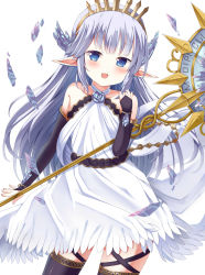 Rule 34 | 10s, 1girl, absurdres, black thighhighs, blue eyes, bridal gauntlets, collarbone, detached sleeves, dress, granblue fantasy, hairband, highres, holding, lily (granblue fantasy), long hair, open mouth, pointy ears, ruriruno, silver hair, simple background, solo, staff, thighhighs, white background, white dress