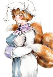 Rule 34 | 1girl, :/, akuroporisu, animal ears, arms under breasts, blue tabard, blush, breasts, closed mouth, cowboy shot, dress, eyelashes, fox ears, fox tail, frilled shirt collar, frills, hat, highres, large breasts, light brown hair, long sleeves, looking at viewer, looking to the side, mob cap, multiple tails, orange eyes, short hair, simple background, solo, spoken squiggle, squiggle, tabard, tail, tassel, touhou, white background, white dress, yakumo ran
