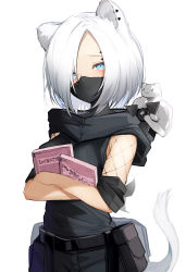 Rule 34 | 1girl, absurdres, animal ears, arknights, blue eyes, dvd case, ermine, highres, holding, holding case, looking at viewer, mask, shirayuki (arknights), short hair, simple background, solo, tab head, tail, weasel, weasel ears, weasel tail, white background, white hair