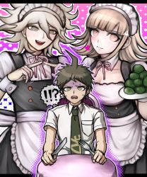 Rule 34 | !?, 1girl, 2boys, :d, ahoge, alternate costume, apron, bad id, bad twitter id, breasts, brown eyes, brown hair, buttons, chair, commentary request, crossdressing, danganronpa (series), danganronpa 2: goodbye despair, detached collar, double-breasted, enmaided, flipped hair, food, fork, grey hair, hair ornament, hairclip, highres, hinata hajime, holding, knife, komaeda nagito, large breasts, letterboxed, looking at viewer, maid, maid headdress, multiple boys, nanami chiaki, neck ribbon, official style, open mouth, pink background, pink eyes, pink ribbon, ribbon, saliva, short sleeves, sitting, smile, sweat, table, teeth, tezurumozuru, upper teeth only, waist apron, white apron