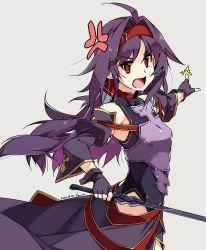 Rule 34 | 1girl, ahoge, anger vein, armor, bare shoulders, breastplate, commentary request, dated, detached sleeves, fingerless gloves, gloves, grey background, hair between eyes, hairband, highres, holding, holding sword, holding weapon, leotard, long hair, long sleeves, looking to the side, open mouth, pointy ears, purple armor, purple gloves, purple hair, red eyes, red hairband, shikei, simple background, solo, standing, sword, sword art online, v-shaped eyebrows, very long hair, weapon, yuuki (sao)