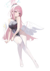 Rule 34 | 1girl, absurdres, angel wings, bare arms, black scrunchie, blue archive, blush, breasts, hair ornament, hair scrunchie, halo, highres, large breasts, looking at viewer, low wings, mika (blue archive), one-piece swimsuit, pantyhose, pantyhose under swimsuit, pink hair, ponytail, prossss, scrunchie, sidelocks, simple background, solo, swimsuit, white background, white pantyhose, white wings, wings, yellow eyes