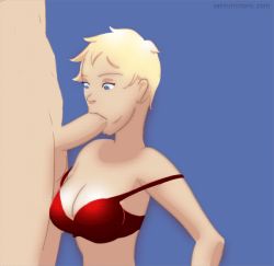 Rule 34 | 1boy, 1girl, animated, bad anatomy, bad animation, blonde hair, blue background, blue eyes, bra, breasts, cleavage, clothed female nude male, constricted pupils, cum, cum in mouth, ejaculation, embarrassed, erection, facial, fellatio, hetero, nude, oral, penis, red bra, satinminions, short hair, simple background, solo focus, strap slip, testicles, uncensored, underwear, very short hair, wide-eyed