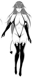 Rule 34 | 1girl, bikini, boots, breasts, character request, character sheet, choker, cleavage, collar, concept art, copyright request, demon girl, demon tail, elbow gloves, fang, full body, gloves, highleg, highleg bikini, jewelry, large breasts, long hair, looking at viewer, monochrome, navel, pointy ears, revealing clothes, simple background, sketch, slingshot swimsuit, smile, solo, source request, standing, swimsuit, tail, thick thighs, thigh boots, thighhighs, thighs, underboob, usagi nagomu, white background