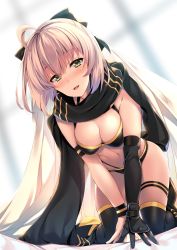 Rule 34 | ahoge, all fours, aqua bow, asymmetrical gloves, bed, bed sheet, bikini, black bikini, black bow, black gloves, black scarf, blanket, blurry, blush, bow, breasts, cleavage, curtains, depth of field, fate/grand order, fate (series), gloves, hair bow, highleg, highleg bikini, highres, indoors, layered bikini, lips, looking at viewer, mayusaki yuu, medium breasts, midriff, navel, nose blush, okita j. souji (fate), okita j. souji (first ascension) (fate), okita souji (fate), okita souji (koha-ace), on bed, parted lips, pink lips, scarf, single glove, swimsuit, thigh strap, thighhighs, under covers, uneven gloves