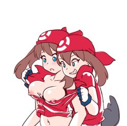 Rule 34 | 2girls, blue eyes, blush, breasts, breasts out, brown hair, clothes lift, cosplay, creatures (company), disguise, disguised zorua, game freak, gen 5 pokemon, grabbing, grabbing from behind, imposter, large breasts, looking at another, may (pokemon), may (pokemon) (cosplay), multiple girls, naughty face, nintendo, nipples, no bra, pokemon, pokemon rse, shiny skin, simple background, skirt, skirt lift, smile, tail, transformation, upper body, white background, yondu, zorua