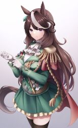 Rule 34 | 1girl, absurdres, adjusting clothes, adjusting gloves, aiguillette, alan (210bush), animal ears, ascot, brown hair, closed mouth, epaulettes, expressionless, gloves, gradient background, highres, horse ears, horse girl, horse tail, long hair, military, military uniform, multicolored hair, purple eyes, single epaulette, solo, streaked hair, symboli rudolf (umamusume), tail, thighhighs, umamusume, uniform, white ascot, white gloves, white hair, zettai ryouiki