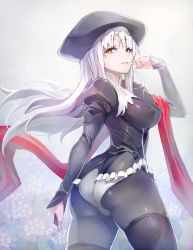 Rule 34 | 1girl, ass, beret, breasts, caren hortensia, fate/hollow ataraxia, fate (series), from behind, hat, highres, large breasts, long hair, looking at viewer, looking back, panties, panties under pantyhose, pantyhose, parted lips, shiny clothes, smile, solo, taishi (picchiridou), underwear, white hair, yellow eyes
