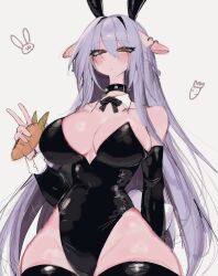 Rule 34 | 1girl, animal ears, blush, breasts, carrot, cleavage, colored skin, detached collar, detached sleeves, ear piercing, fake animal ears, highres, large breasts, leotard, long ears, long hair, looking at viewer, looking down, original, piercing, pink skin, playboy bunny, purple hair, rabbit ears, sideboob, solo, thick thighs, thighs, usa37107692, v, wide hips, wrist cuffs, yellow eyes