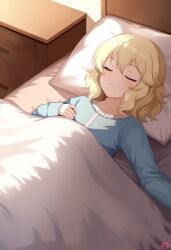 Rule 34 | 1girl, absurdres, bed, bedroom, blanket, blonde hair, blue pajamas, cabinet, closed eyes, commentary, commentary request, english commentary, expressionless, hair between eyes, head on pillow, highres, idolmaster, idolmaster cinderella girls, idolmaster cinderella girls u149, long sleeves, lying, mixed-language commentary, mrhunking, nightstand, on back, pajamas, parted lips, pillow, sakurai momoka, short hair, signature, sleeping, solo, under covers