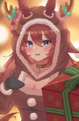 Rule 34 | 1girl, ahoge, animal ears, antlers, bad id, bad twitter id, bell, black choker, black mittens, blue eyes, breasts, brown hair, choker, christmas, cleavage, commentary request, dress, fake antlers, gift, giving, hanma amnah, highres, holding, holding gift, hood, hood up, hooded dress, horns, horse ears, horse girl, horse tail, large breasts, long hair, looking at viewer, mihono bourbon (umamusume), mittens, neck bell, open mouth, reindeer antlers, santa dress, smile, solo, tail, umamusume, upper body