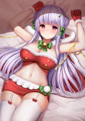 Rule 34 | 1girl, ahoge, arms up, azur lane, bandeau, bare shoulders, bell, blush, breasts, capelet, christmas, cleavage, collar, commentary request, crop top, cygnet (azur lane), cygnet (holy night&#039;s hymn) (azur lane), double bun, fur trim, garter straps, gloves, green ribbon, hair bun, hair ribbon, hood, large breasts, long hair, looking at viewer, lying, manda (manda9n), midriff, miniskirt, navel, on back, red eyes, red gloves, red ribbon, ribbon, skindentation, skirt, strapless, thighhighs, white hair, white thighhighs, zettai ryouiki