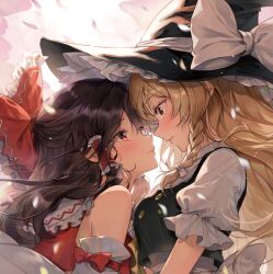 Rule 34 | 2girls, black dress, black hair, black hat, blonde hair, blush, bow, braid, closed mouth, commentary, detached sleeves, dress, eye contact, hair bow, hair tubes, hakurei reimu, hat, hat bow, highres, kirisame marisa, long hair, looking at another, multiple girls, pinafore dress, red bow, red dress, red eyes, shirt, side braid, sleeveless, sleeveless dress, smile, symbol-only commentary, touhou, twitter username, white bow, white shirt, witch hat, yellow eyes, yukiko (tesseract), yuri