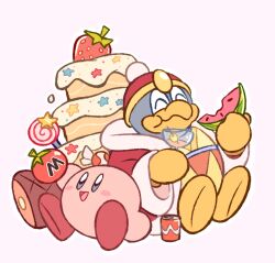 Rule 34 | blue eyes, blush stickers, cake, can, candy, chewing, closed eyes, coat, cocktail glass, cup, drink can, drinking glass, eating, food, fruit, invincible candy, king dedede, kirby, kirby (series), maxim tomato, meat, mooseman-draws, nintendo, no humans, open mouth, red coat, red headwear, sitting, smile, soda can, strawberry, watermelon, watermelon slice