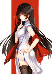 Rule 34 | 1girl, ass, bison cangshu, black thighhighs, blunt bangs, blush, breasts, china dress, chinese clothes, dress, finger to mouth, fringe trim, from behind, hand up, heart, index finger raised, long hair, looking at viewer, looking back, medium breasts, no panties, original, parted lips, revision, shade, shawl, short sleeves, shushing, side slit, sidelocks, smile, solo, thighhighs, thighs, very long hair