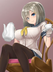 Rule 34 | 10s, 1girl, black pantyhose, blue eyes, breasts, chair, cup, eyes visible through hair, gloves, hair ornament, hair over one eye, hairclip, hamakaze (kancolle), holding, kantai collection, large breasts, looking at viewer, neckerchief, pantyhose, pleated skirt, saucer, school uniform, serafuku, short hair, silver hair, simple background, sin (kami148), sitting, skirt, smile, solo, teacup, teapot, white gloves, yellow neckerchief