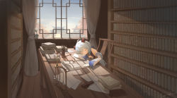 Rule 34 | 1girl, absurdres, ahoge, ame999, bare shoulders, blue hair, book, bookshelf, candlestand, chair, curtains, detached sleeves, ganyu (genshin impact), genshin impact, highres, horns, indoors, no gloves, paper, pen, scenery, sitting, sleeping, solo, table, window