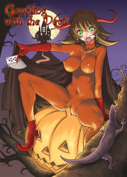 Rule 34 | 1girl, blush, bodysuit, boots, breasts, brown hair, cameltoe, cape, card, cleft of venus, covered erect nipples, cross, cross necklace, demon girl, earrings, fangs, green eyes, halloween, holding, holding card, horns, impossible clothes, impossible shirt, jack-o&#039;-lantern, jewelry, large breasts, latin cross, lizard, mizuryu kei, moon, navel, necklace, night, original, pumpkin, shirt, short hair, sitting, skin tight, solo, spread legs, tongue, uncensored