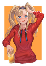 Rule 34 | 1girl, :d, arm up, black hairband, blonde hair, blue eyes, blush, border, breasts, cup, drawstring, drink, drinking glass, granblue fantasy, hair intakes, hairband, hand in own hair, highres, holding, holding cup, hood, hood down, hoodie, large breasts, long hair, long sleeves, looking at viewer, open mouth, orange background, outside border, red hoodie, round teeth, sidelocks, simple background, smile, solo, teeth, tekkai blade, twintails, upper teeth only, white border, zeta (granblue fantasy)